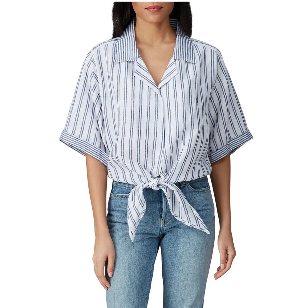 Fifteen Twenty Rent the Runway Blue & White Linen Stripe Tie Waist Short Sleeve